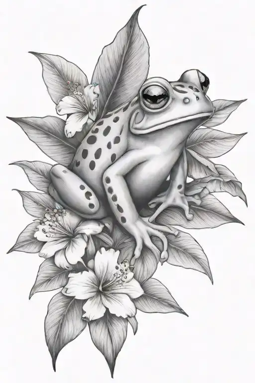 Small Frog And Tropical Leaves And Hibiscus