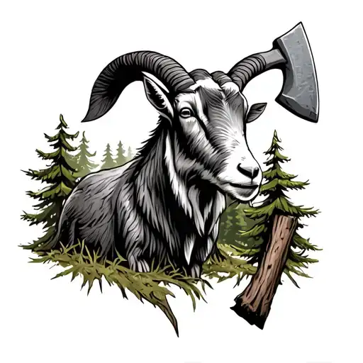 Goat In Ravine With Pine Tree Forest Tree Stump With Axe