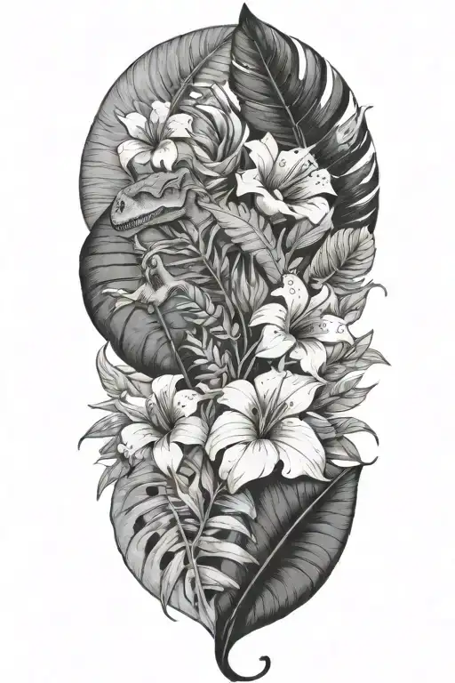 Tropical Leaves With Flowers Whith Dinosaur