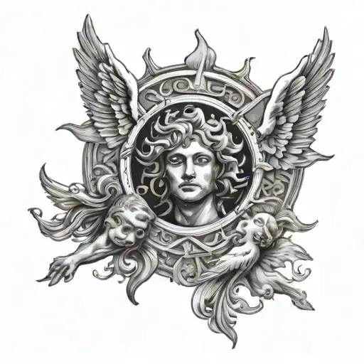 Sun With Two Men Angels Left And Right Facing Away From Eachother