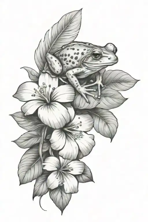 Small Frog And Tropical Leaves And Hibiscus