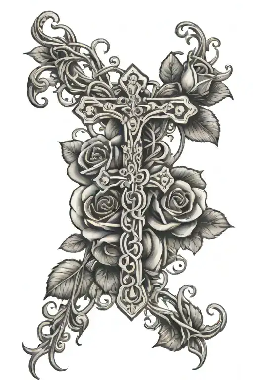 Skinny Cross With Vine Intertwined And Heart In The Middle And A Rose Coming Out Of Vine
