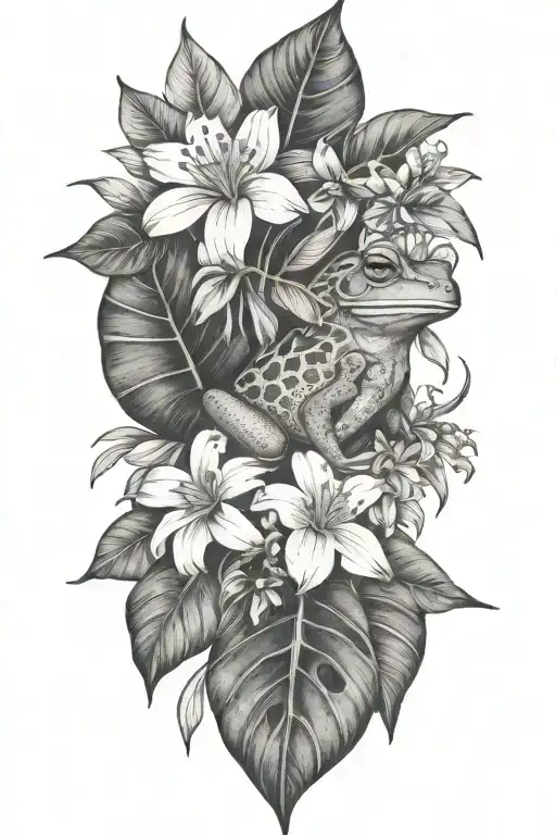 Tropical Leaves With Flowers An Frog