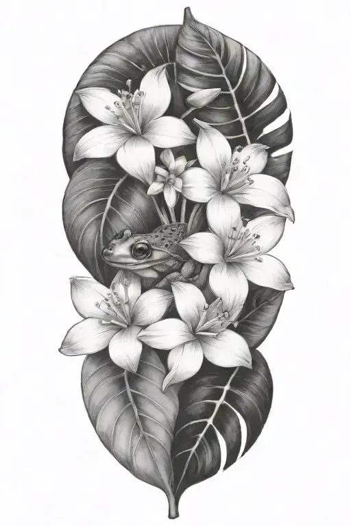 Tropical Leaves With Flowers An Frog
