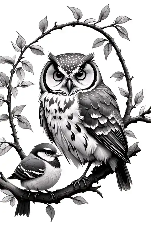 Owl And A Finch On A Branch Representing A Family