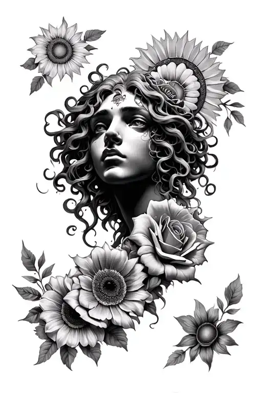 Medusa Head With By Sun Flowers And Roses Wrapped