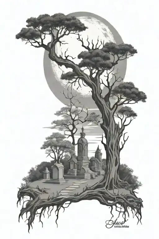 Moon Lite Cemetery With Dead Tree