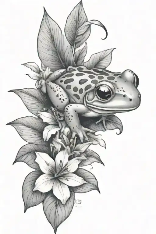 Litle Frog And Tropical Leaves And Hibiscus