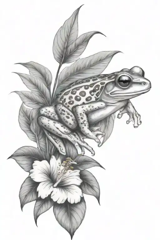 Small Frog And Tropical Leaves And Hibiscus