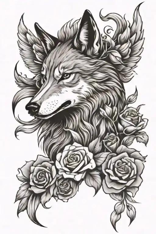 Wolf With Rose Flowers And A Phoenix