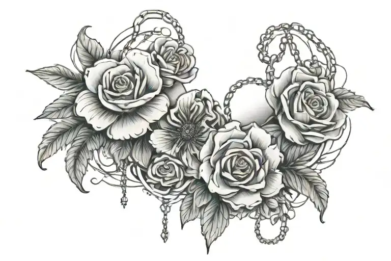 Under Breaat Tattoo Fine Line With Chains And Flowers
