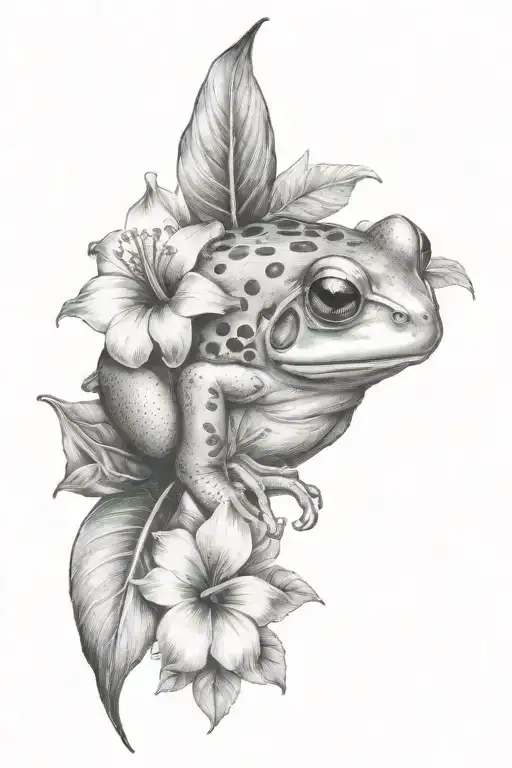 Litle Frog And Tropical Leaves And Hibiscus