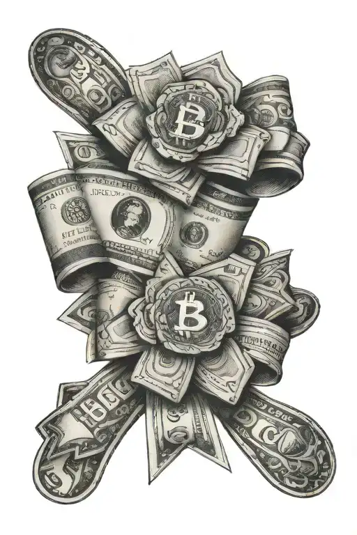 Hundred Dollar Bills Making A Girly Bow With Bitcoin Coin
