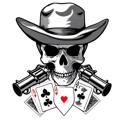 Doc Holliday Skull With Six Shooters And Cards Below