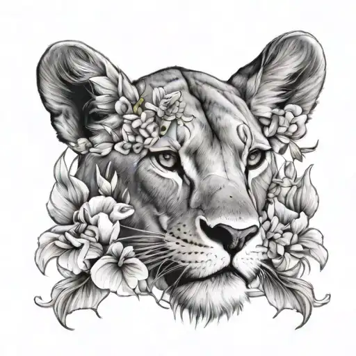 Lioness Face Profile Surrounded By Iris Honeysuckle Violet And Rose Flowers