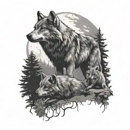 Wolf With Two Cubs In A Moonlit Forest