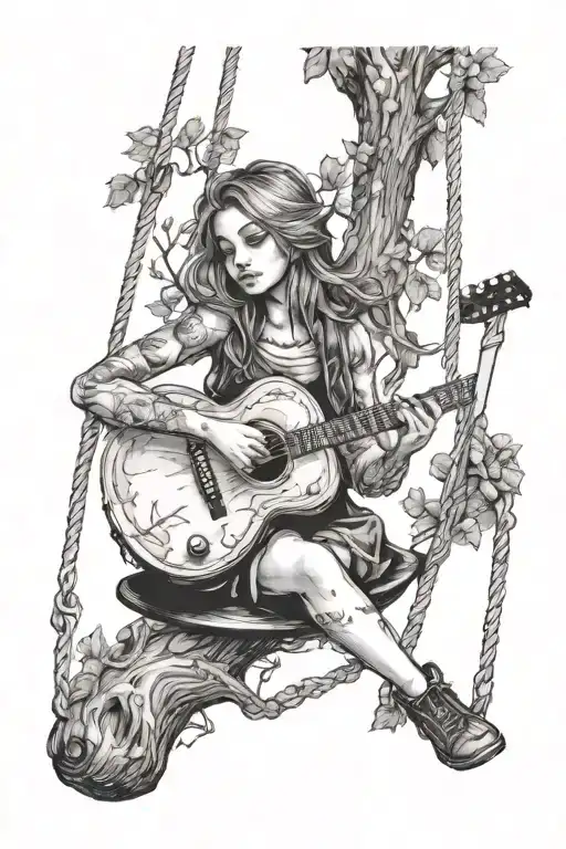 Girl Holding Guitar On A Swing Set Of Tree