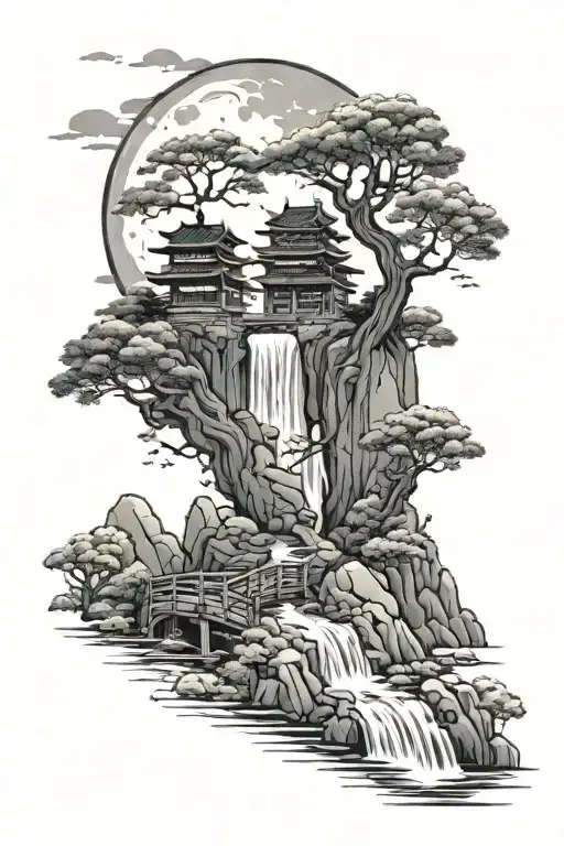 Japanese Tree Waterfall Flowing Woman On Bridge Moon Mountain