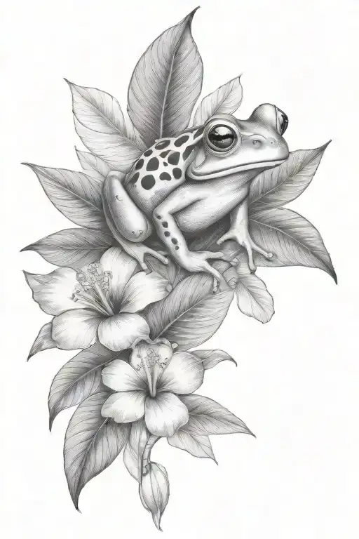 Small Frog And Tropical Leaves And Hibiscus