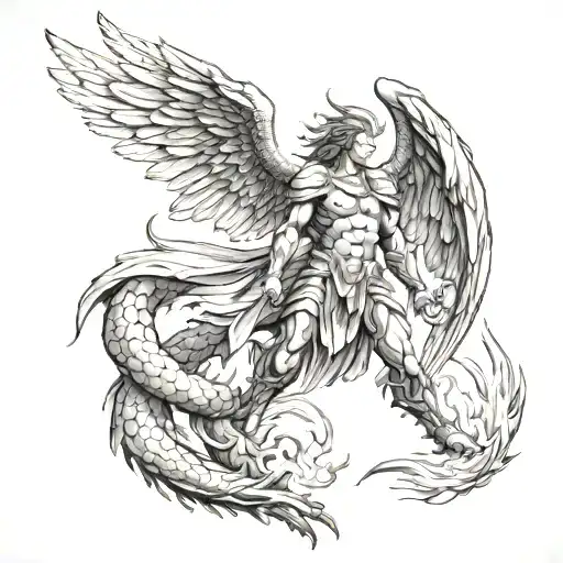 Archangel Michael Killing Dragon Breathing Fire