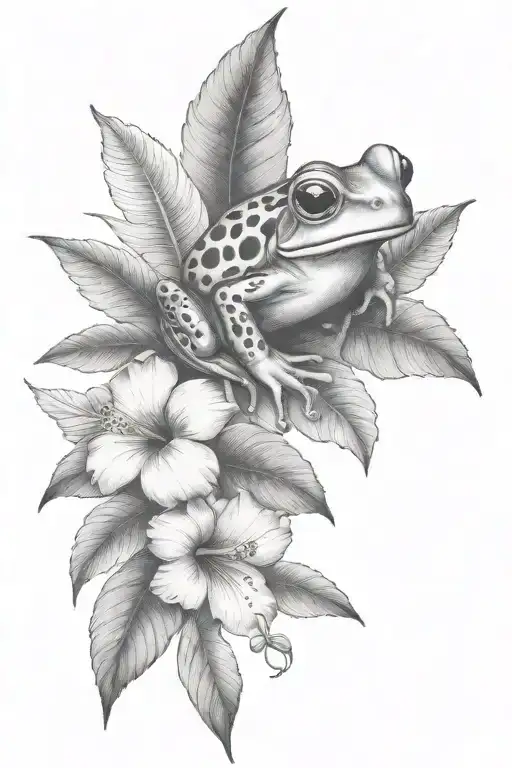 Small Frog And Tropical Leaves And Hibiscus