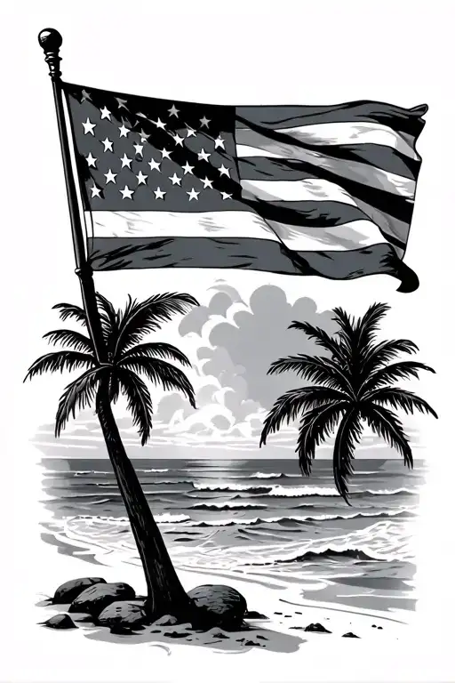 American Flag And Beach Scene With Palm Trees