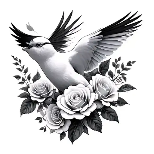 White Bird And Roses Growing