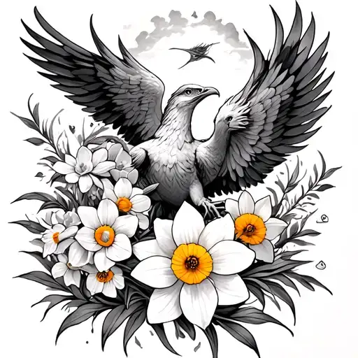 Cosmos And Daffodil With A Phoenix Rising