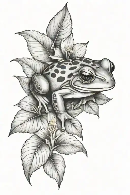 Small Frog And Tropical Leaves And Hibiscus