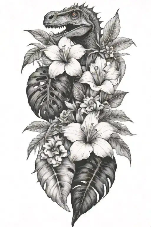 Tropical Leaves With Flowers Whith Dinosaur