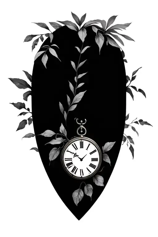 Roman Numeral Clock With A White Face And Plants Around The Outside