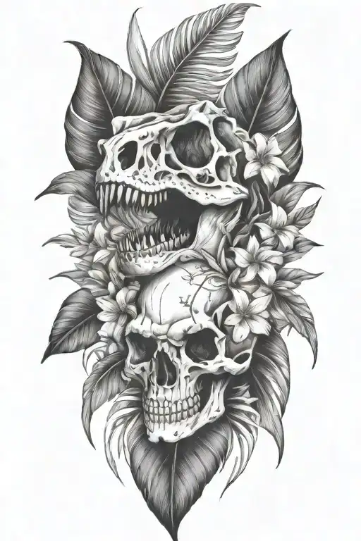 Tropical Leaves With Flowers An T Rex Skull