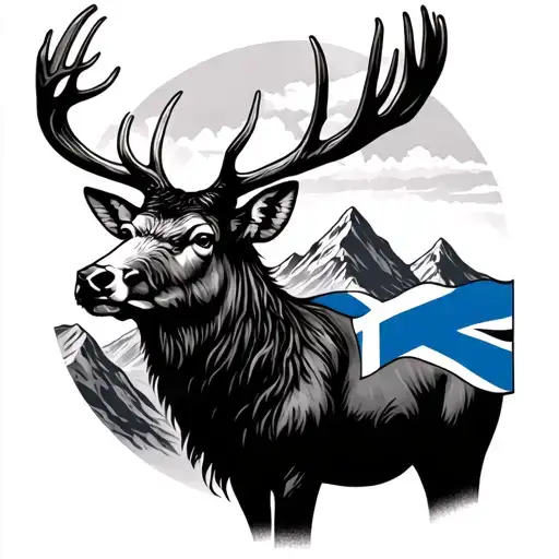 Black Stag With Mountain Landscape With Scotland Flag