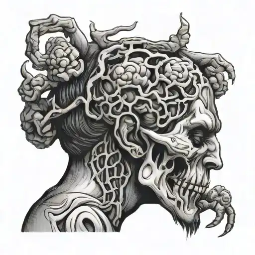 Demon Hands Coming Out Of Head With Brains Connected