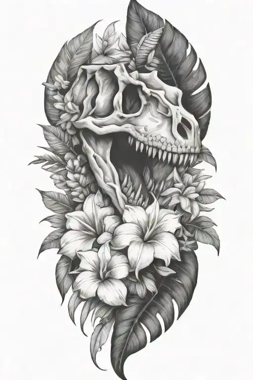 Tropical Leaves With Flowers An T Rex Skull