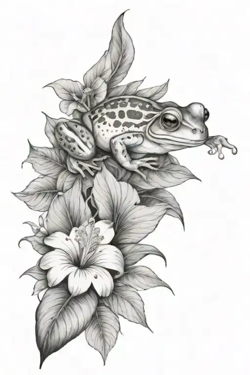 Small Frog And Tropical Leaves And Hibiscus