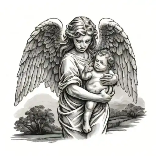 Angel Holding A Baby Angel And Looking Down On Two People On A Road