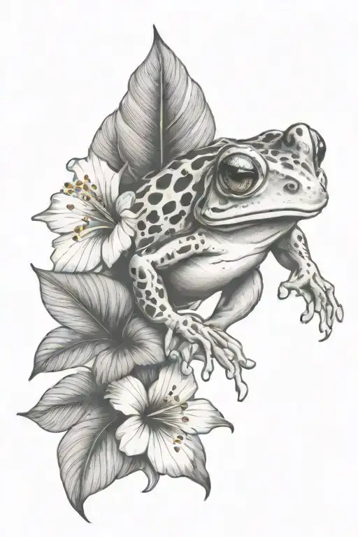 Small Frog And Tropical Leaves And Hibiscus