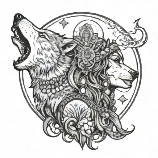 Female Indian And Wolf Howling At The Moon Surrounded