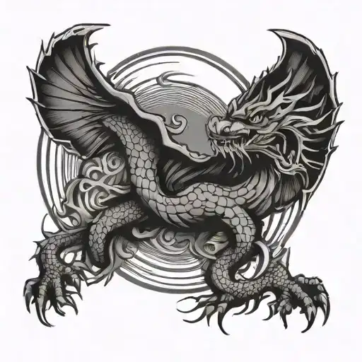 Japanese Dragon Flying Towards The Sun