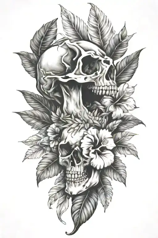 Tropical Leaves With Hibiscus An T Rex Skull