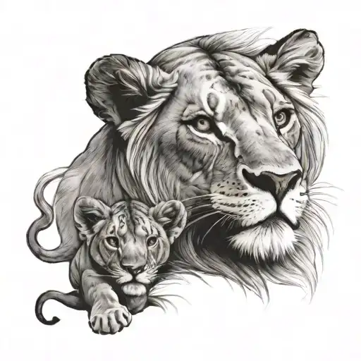 Mother Lion Behind Cub