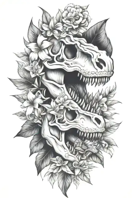 Tropical Leaves With Flowers An T Rex Skull