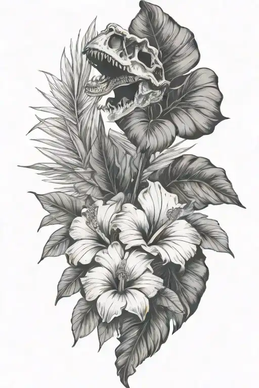 Tropical Leaves And Hibiscus With T Rex Skull