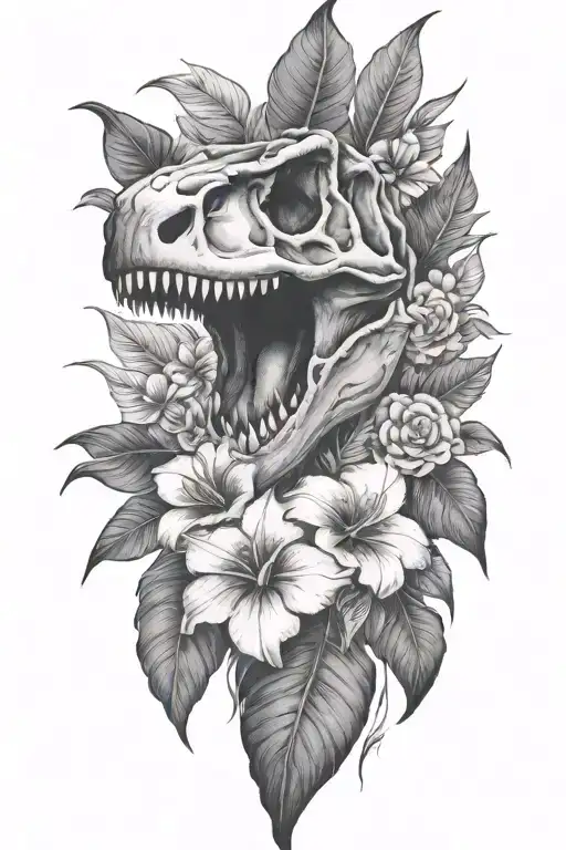 Tropical Leaves With Flowers An T Rex Skull