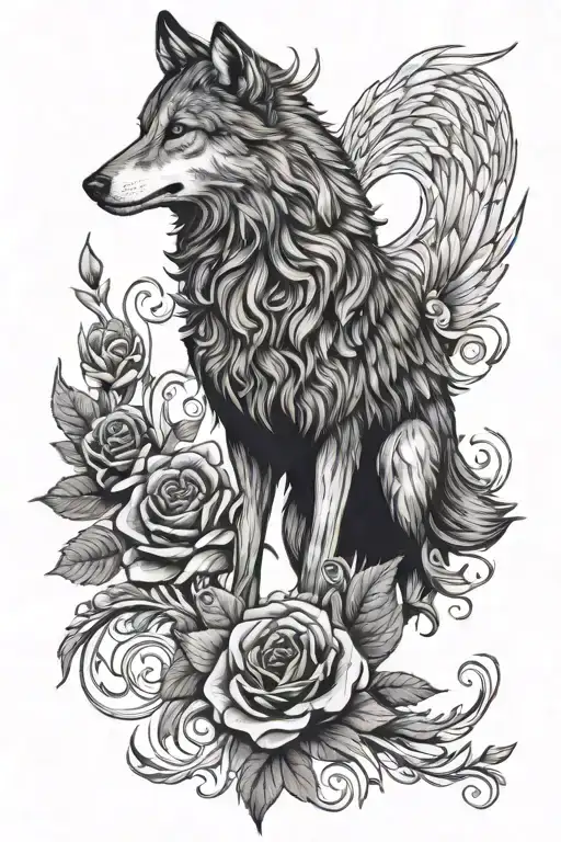 Wolf With Rose Flowers And A Phoenix With Outstretched Wings