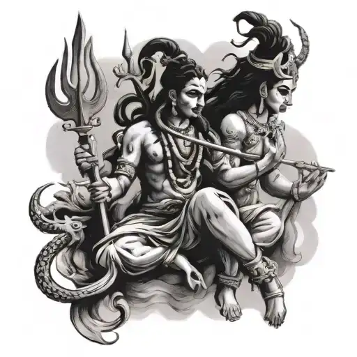 Lord Shiva With Trishul And Wife
