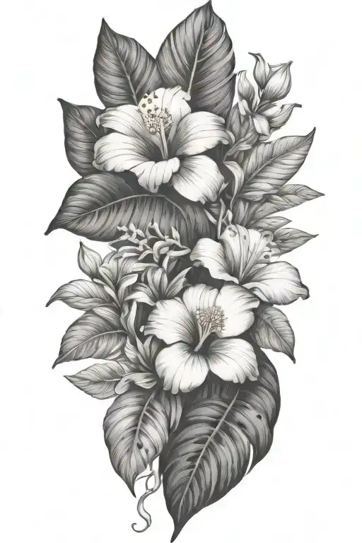 Tropical Leaves With Hibiscus Flowers And Frog