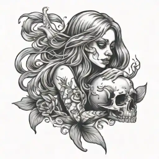 Sad Mermaid Holding Skull