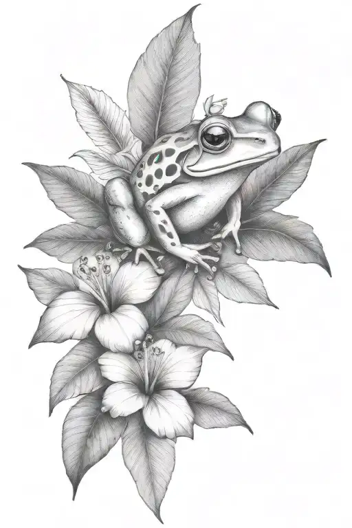 Small Frog And Tropical Leaves And Hibiscus